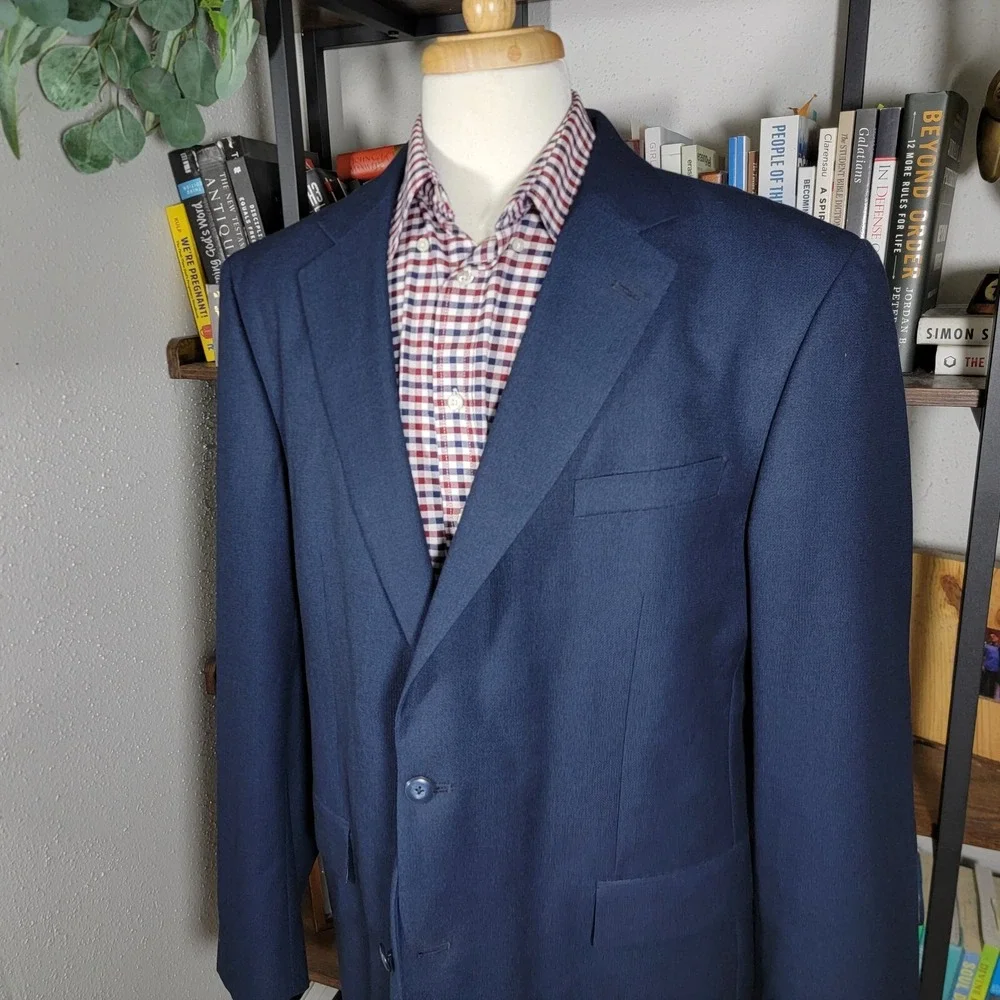 Stafford Essentials Men's Sport Coat Blazer Two Button Navy Blue‎ Poly Blend 46L